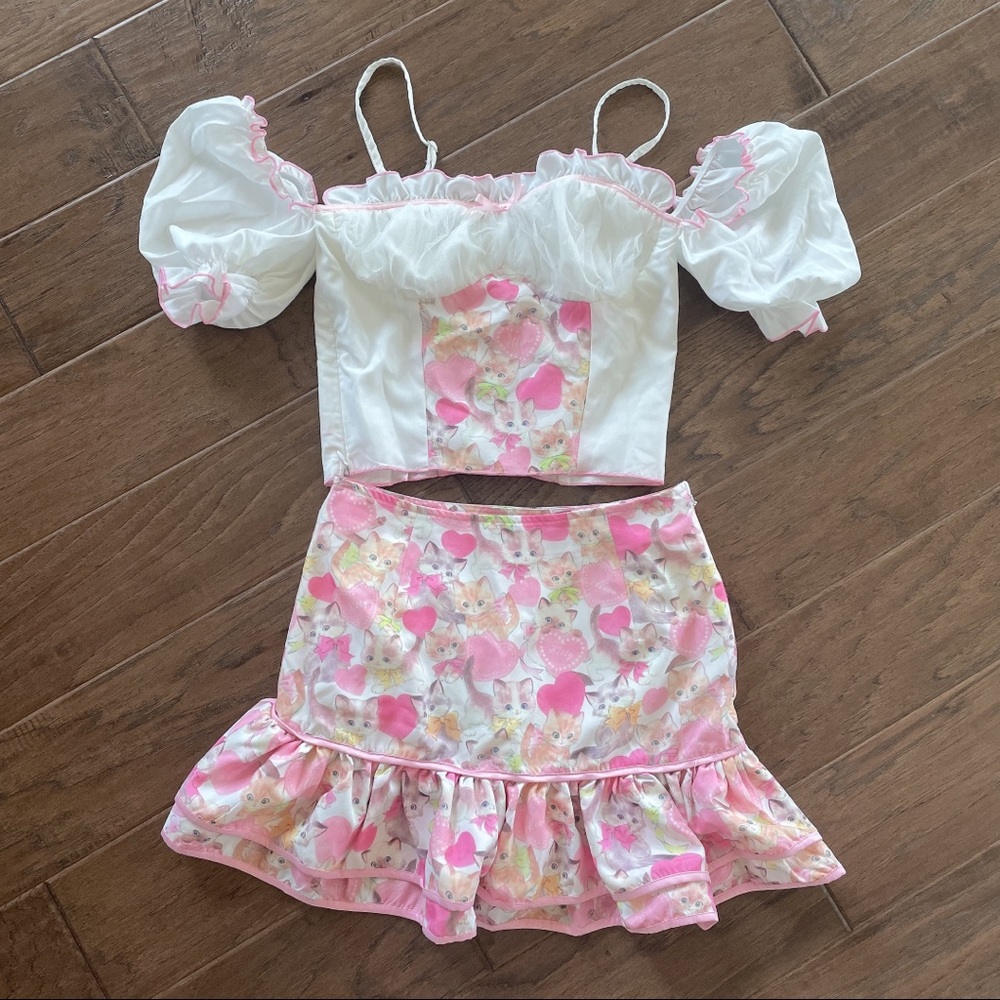 Kitty Top and Skirt Set Dollcore Cottagecore Milkmaid Top with Cats